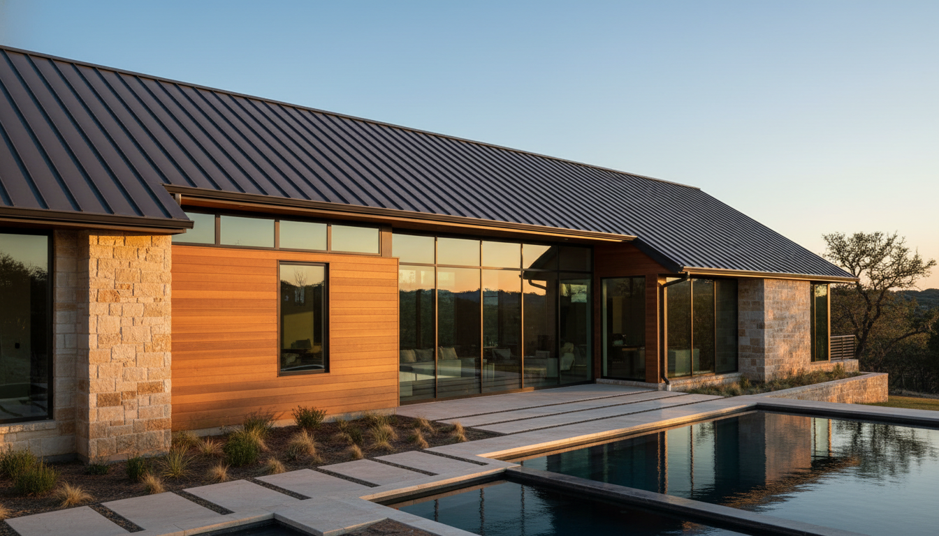 Modern residential home with sleek standing seam metal roof in Austin
